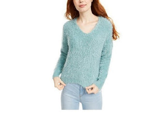Freshman Juniors Women's Fuzzy V-Neck Sweater Green Size Extra Small