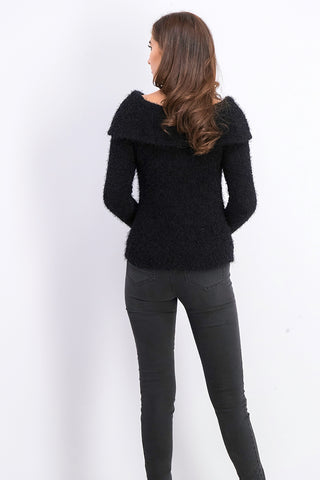 Freshman Juniors' Off-The-Shoulder Fuzzy Sweater Black Size Extra Large