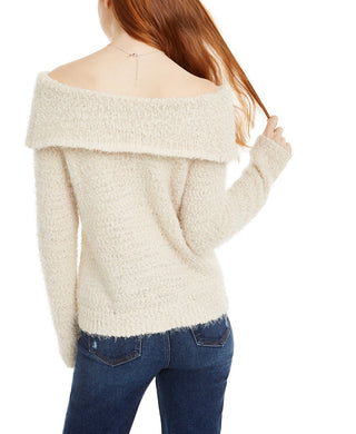 Freshman Juniors' Off-The-Shoulder Fuzzy Sweater Beige Size Large