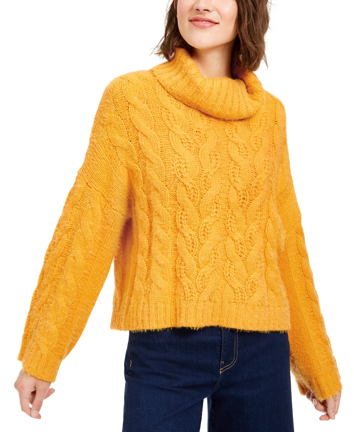 Sun + Moon Women's Cowl-Neck Cable-Knit Sweater Med Yellow Size Small