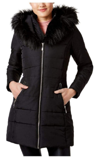 Maralyn & Me Juniors' Women's Faux-Faux-Trim Hooded Puffer Coat Black Size Small