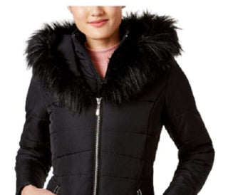 Maralyn & Me Juniors' Women's Faux-Faux-Trim Hooded Puffer Coat Black Size Small