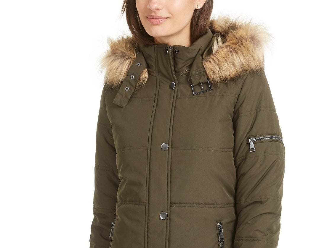 Maralyn & Me Juniors'  Faux-Fur-Trim Hooded Puffer Coat Green Size Medium