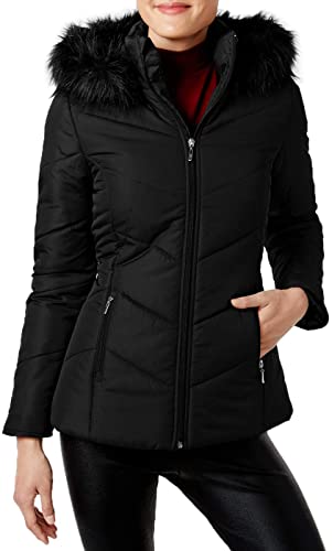Maralyn & Me Juniors' Hooded Faux-Fur-Trim Puffer Coat Black Size Small