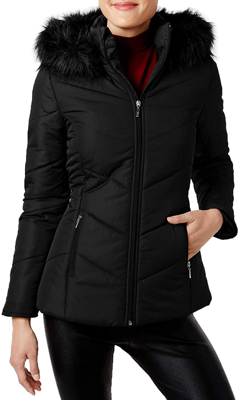 Maralyn & Me Women's Juniors' Hooded Faux-Fur-Trim Puffer Coat Black Size X-Small