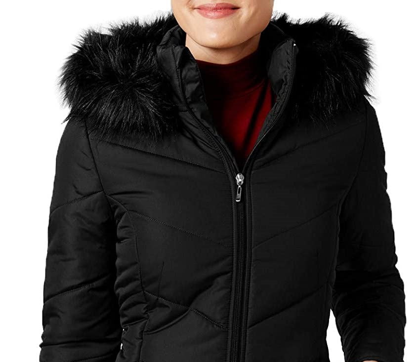 Maralyn & Me Women's Juniors' Hooded Faux-Fur-Trim Puffer Coat Black Size X-Small