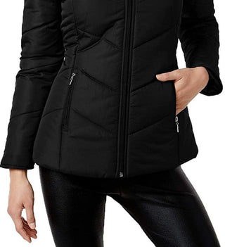 Maralyn & Me Women's Juniors' Hooded Faux-Fur-Trim Puffer Coat Black Size X-Small