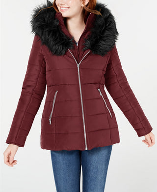 Maralyn & Me Women's Juniors' Hooded Faux-Fur-Trim Puffer Coat Red Size Extra Small