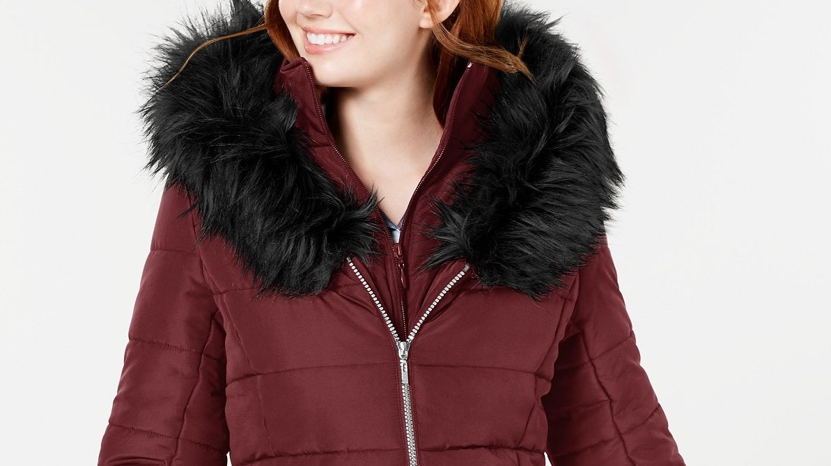 Maralyn & Me Women's Juniors' Hooded Faux-Fur-Trim Puffer Coat Red Size Extra Small
