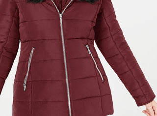 Maralyn & Me Women's Juniors' Hooded Faux-Fur-Trim Puffer Coat Red Size Extra Small
