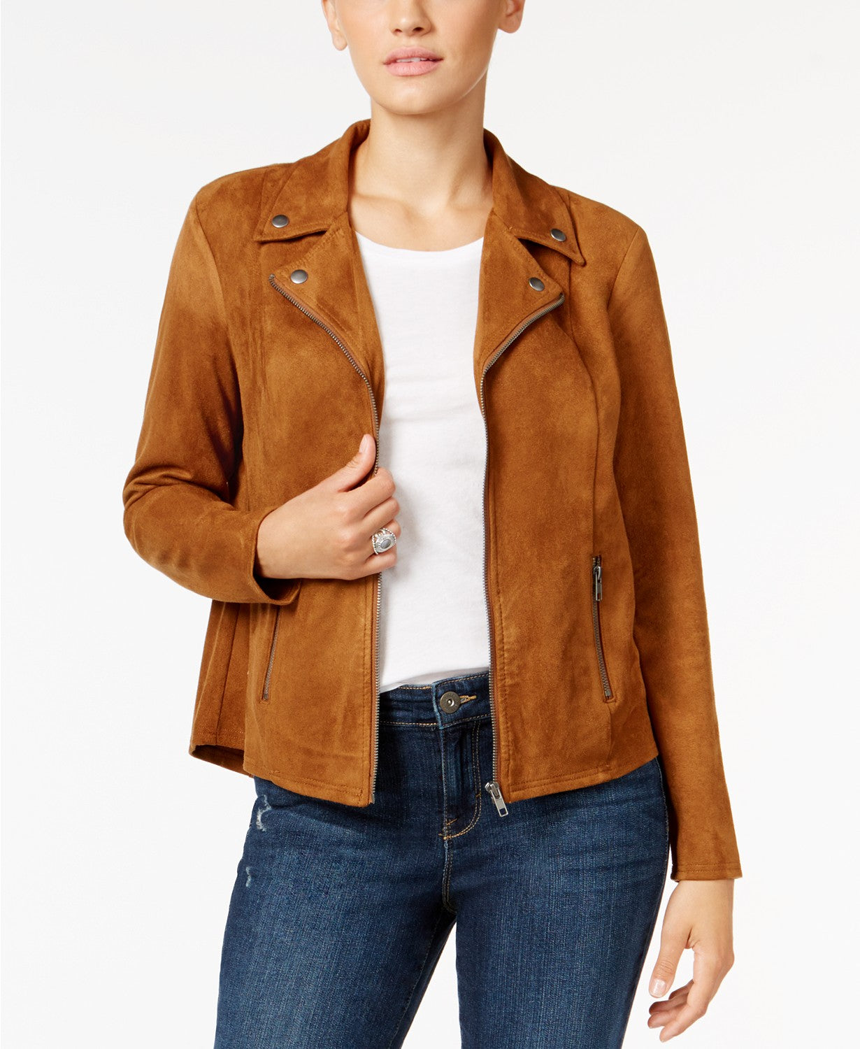 Style & Co Women's Faux-Suede Moto Jacket Brown Size Large