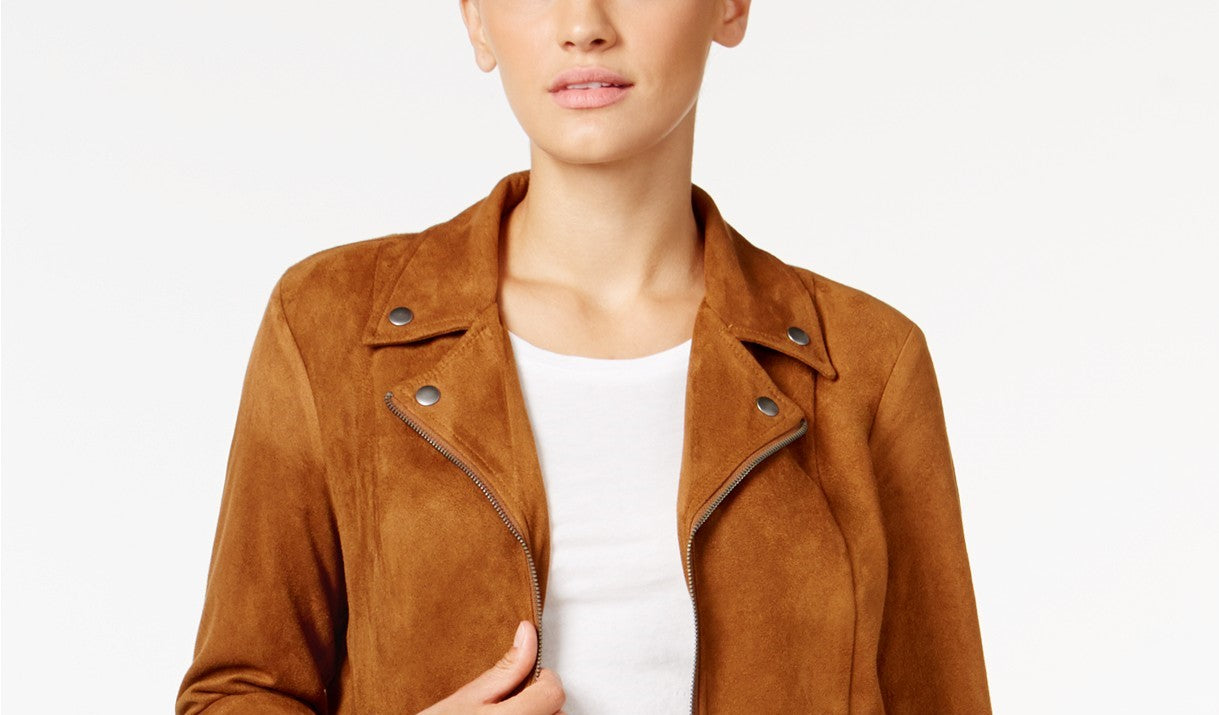 Style & Co Women's Faux-Suede Moto Jacket Brown Size Large