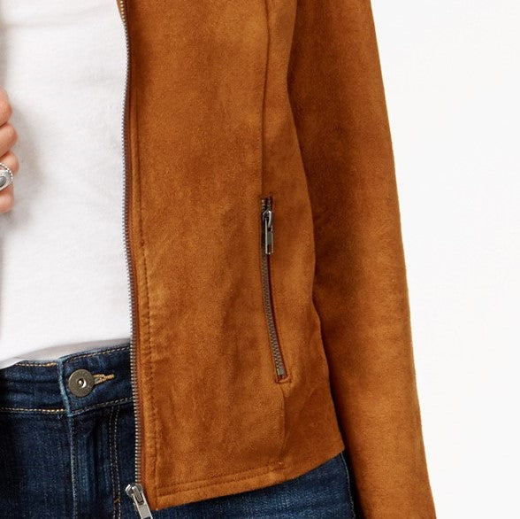 Style & Co Women's Faux-Suede Moto Jacket Brown Size Large