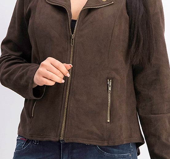 Style & Co Women's Petite Faux Suede Moto Jacket Dark Brown Size Petite Large