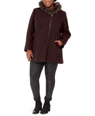 Maralyn & Me Juniors' Plus Size Asymmetrical-Zip Faux-Fur-Trim Hooded Coat Zinfandel Size 2X