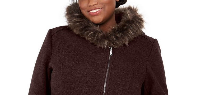 Maralyn & Me Juniors' Plus Size Asymmetrical-Zip Faux-Fur-Trim Hooded Coat Zinfandel Size 2X
