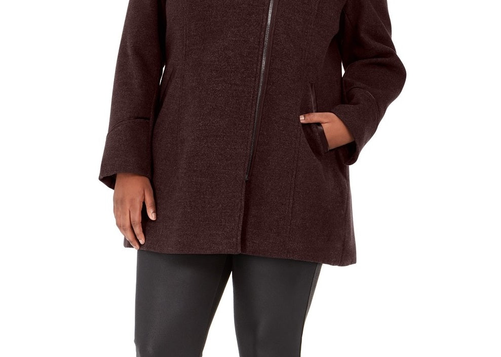 Maralyn & Me Juniors' Plus Size Asymmetrical-Zip Faux-Fur-Trim Hooded Coat Zinfandel Size 2X