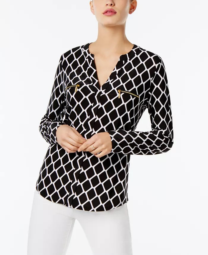 INC International Concepts Women's Petite Printed Zip-Pocket Top  Black Size Small