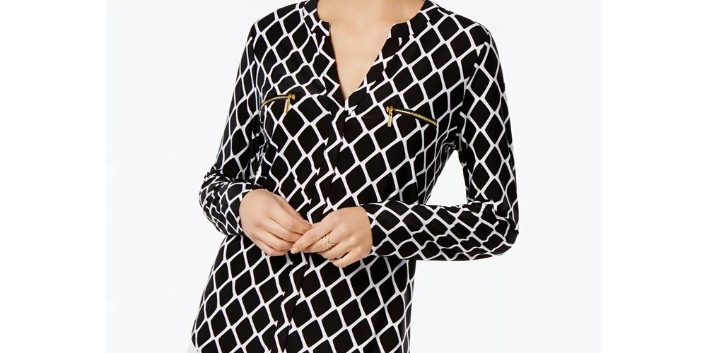 INC International Concepts Women's Petite Printed Zip-Pocket Top  Black Size Small