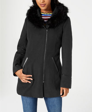 Maralyn & Me Juniors' Faux-Fur-Trim Hooded Coat Black Size Medium