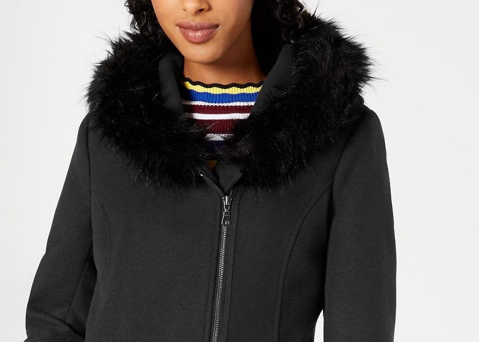 Maralyn & Me Juniors' Faux-Fur-Trim Hooded Coat Black Size Small