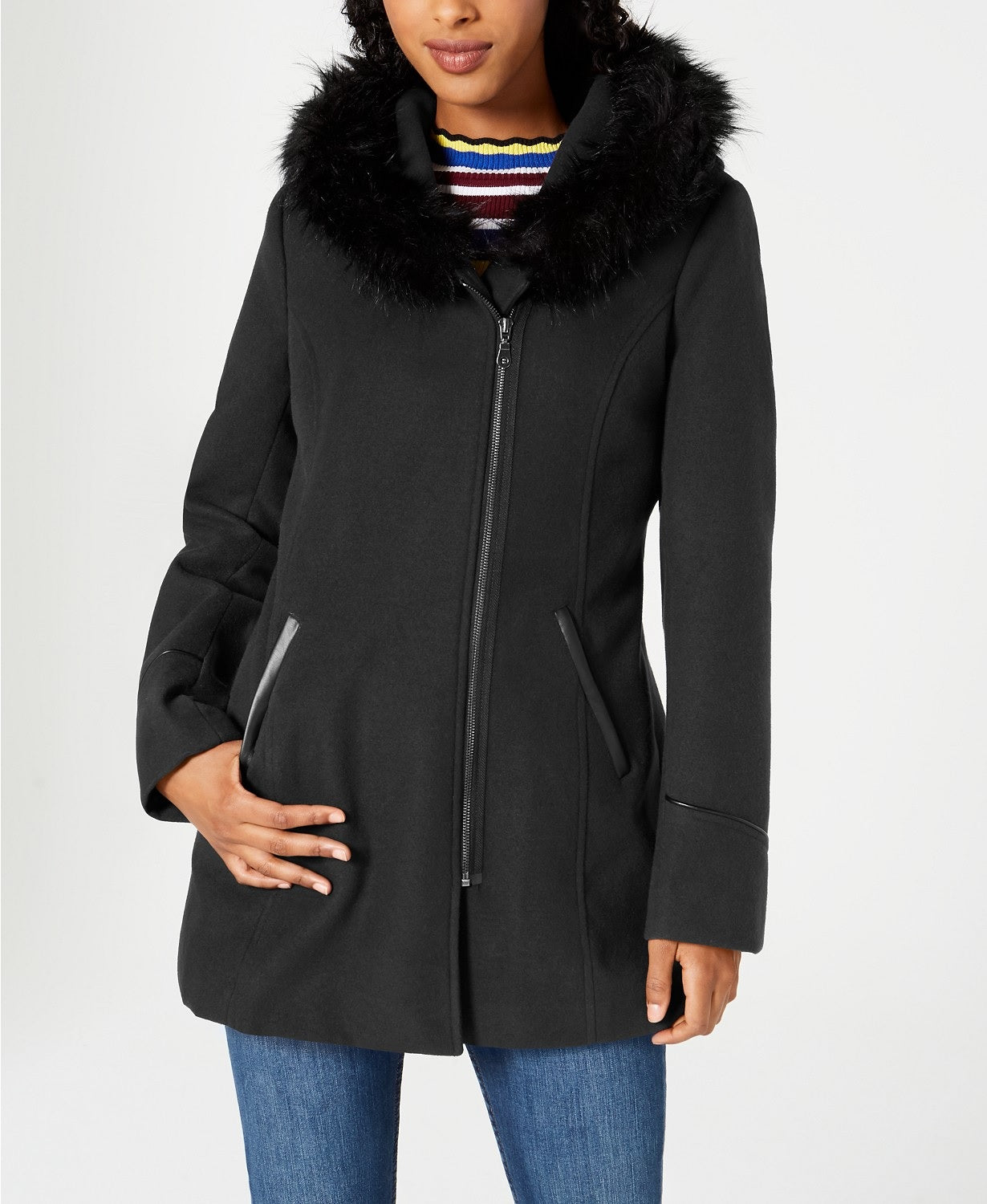 Maralyn & Me Juniors' Faux-Fur-Trim Hooded Coat Black Size Small