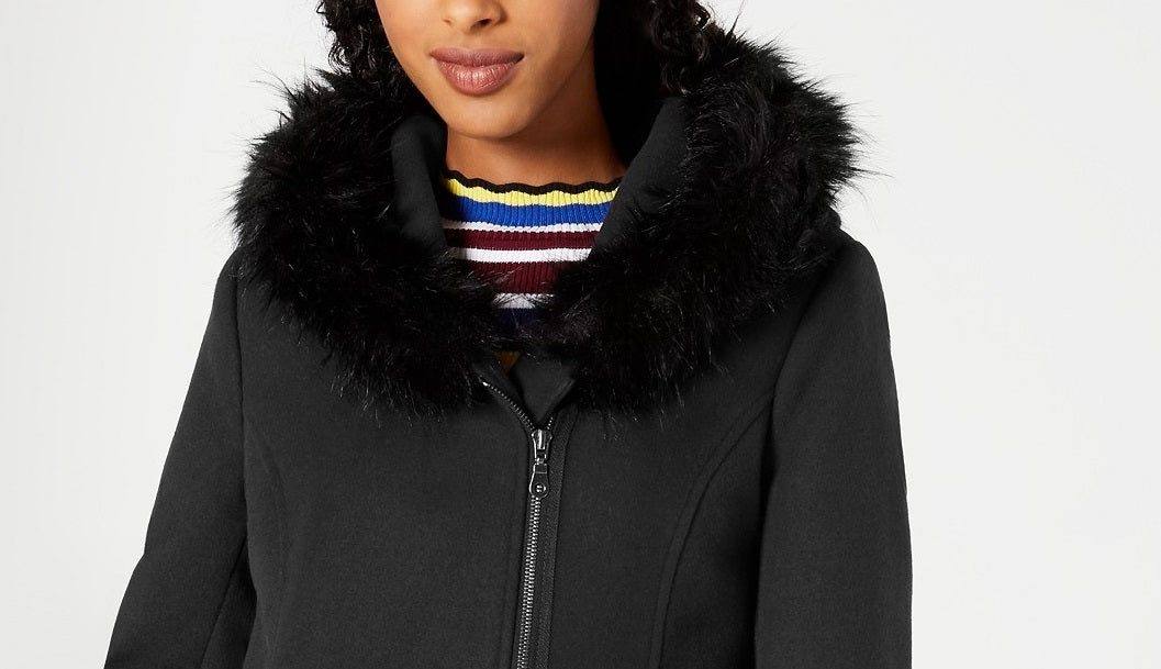 Maralyn & Me Juniors' Faux-Fur-Trim Hooded Coat Black Size Small