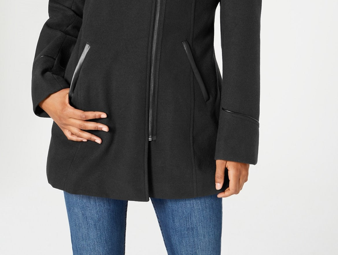 Maralyn & Me Juniors' Faux-Fur-Trim Hooded Coat Black Size Small