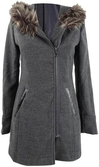 Maralyn & Me Juniors' Faux-Fur-Trim Hooded Coat Dark Gray Size Extra Large