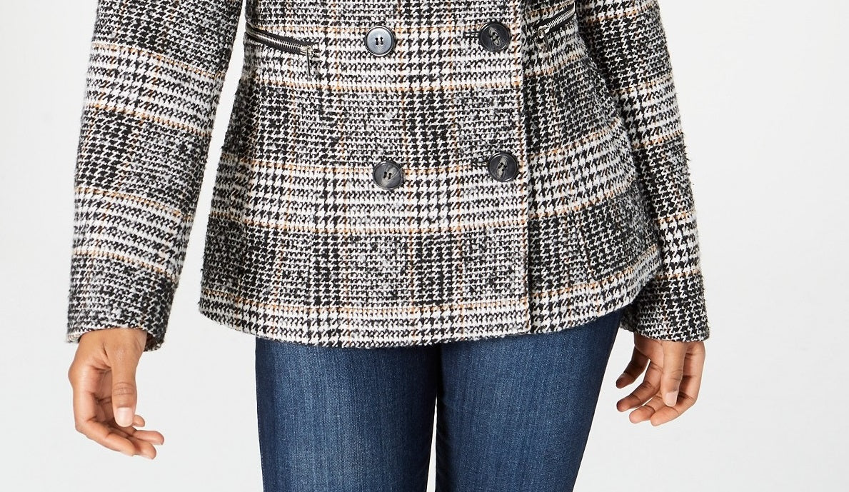 Maralyn & Me Juniors' Double-Breasted Peacoat Camel Plaid Size Medium