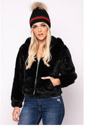Maralyn & Me Juniors'  Reversible Cropped Hooded Faux-Fur Coat Black Size Medium