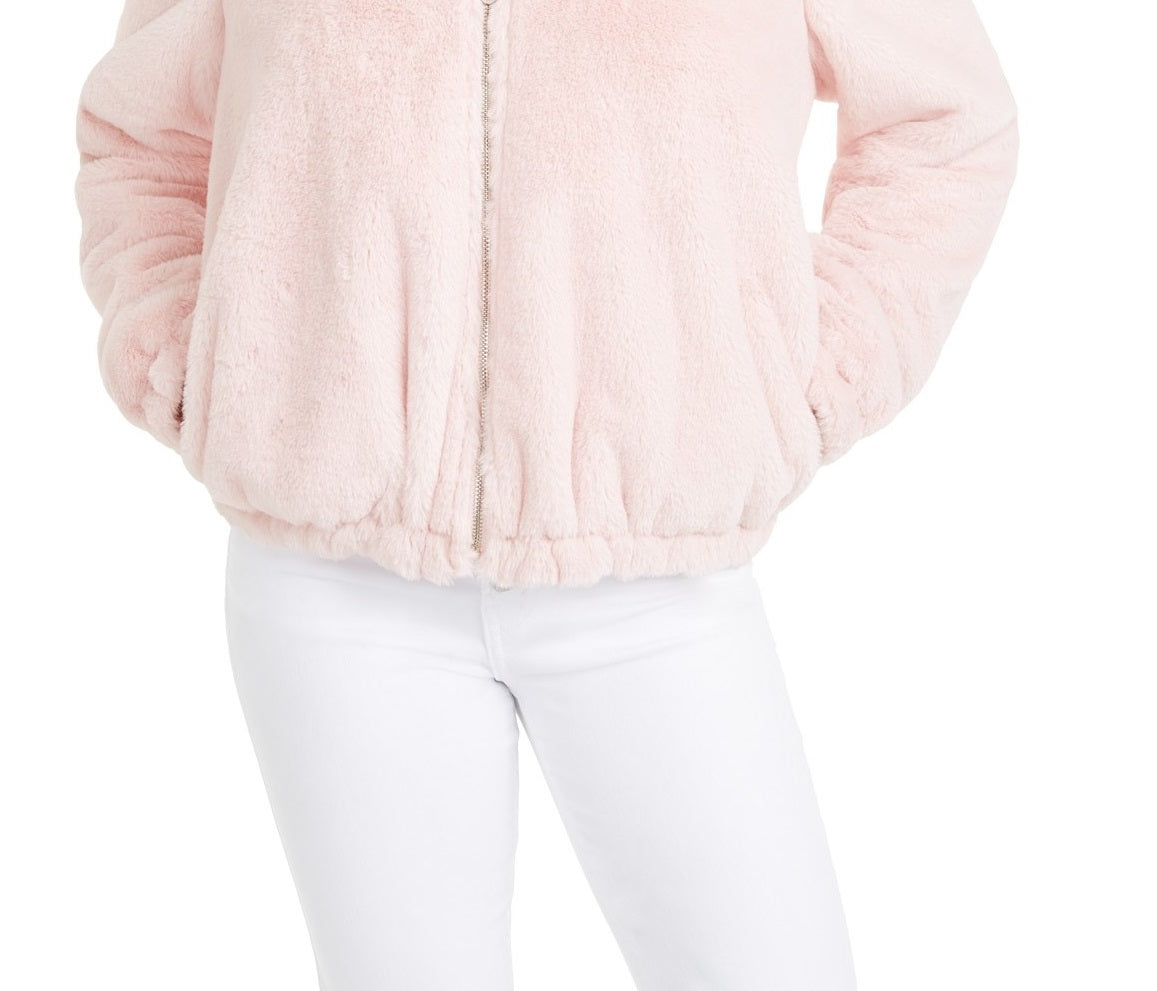 Maralyn & Me Juniors' Reversible Cropped Hooded Faux-Fur Coat Med Pink Size Small