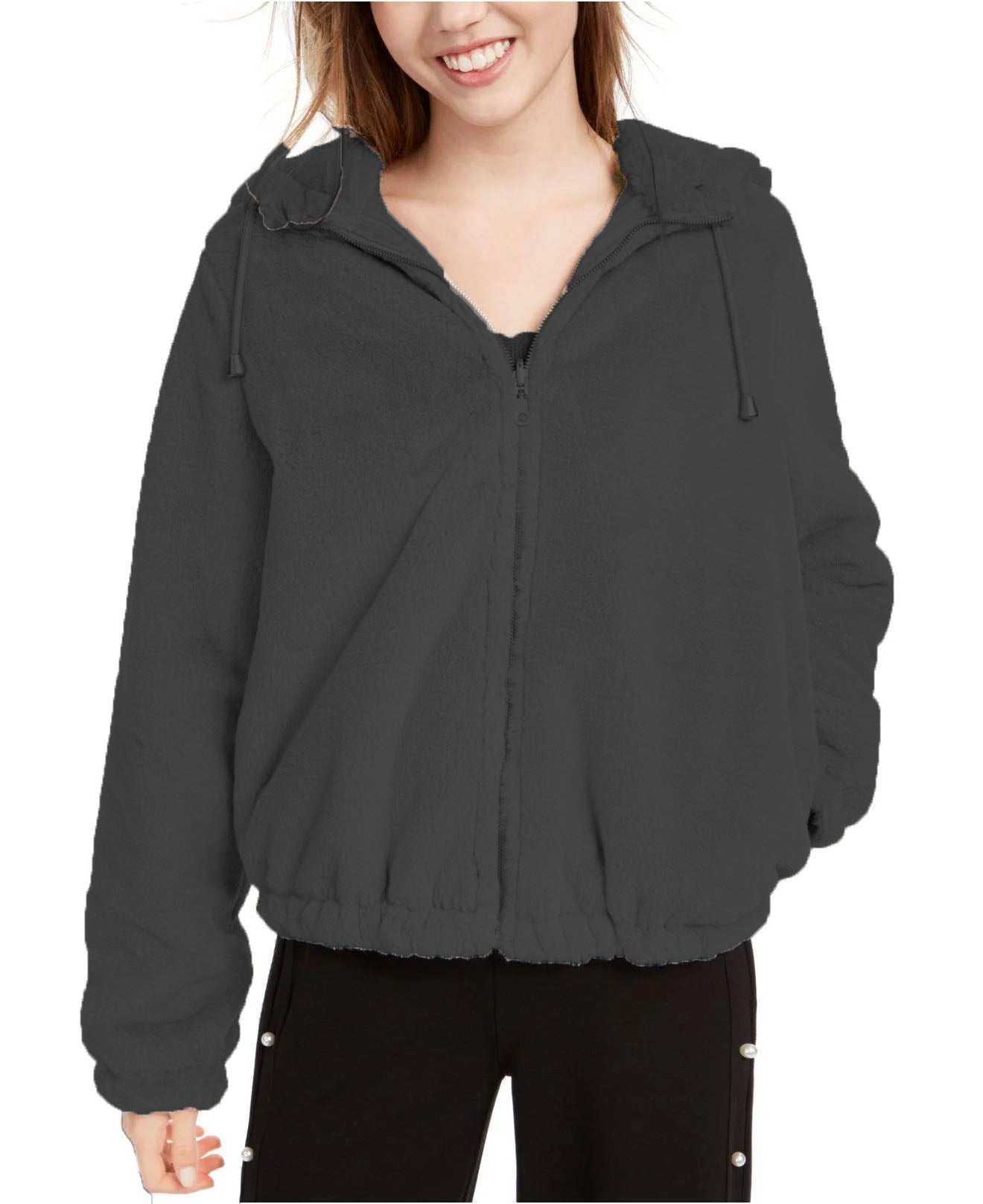 Maralyn & Me Juniors' Reversible Cropped Hooded Faux-Fur Coat Black Size Large