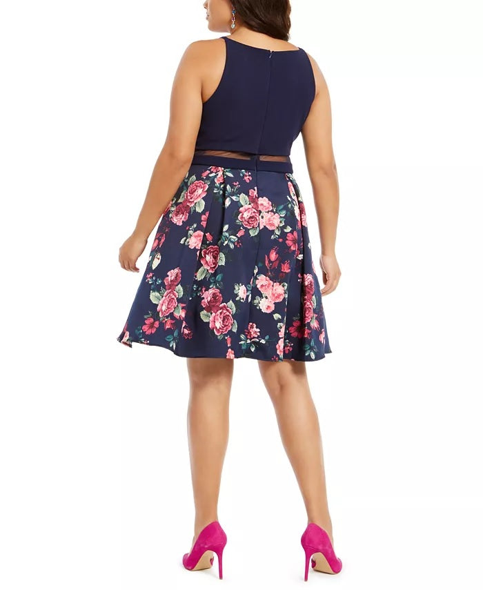 B Darlin Women's Trendy Plus Size Illusion Floral-Print Fit & Flare Dress Blue Size 18