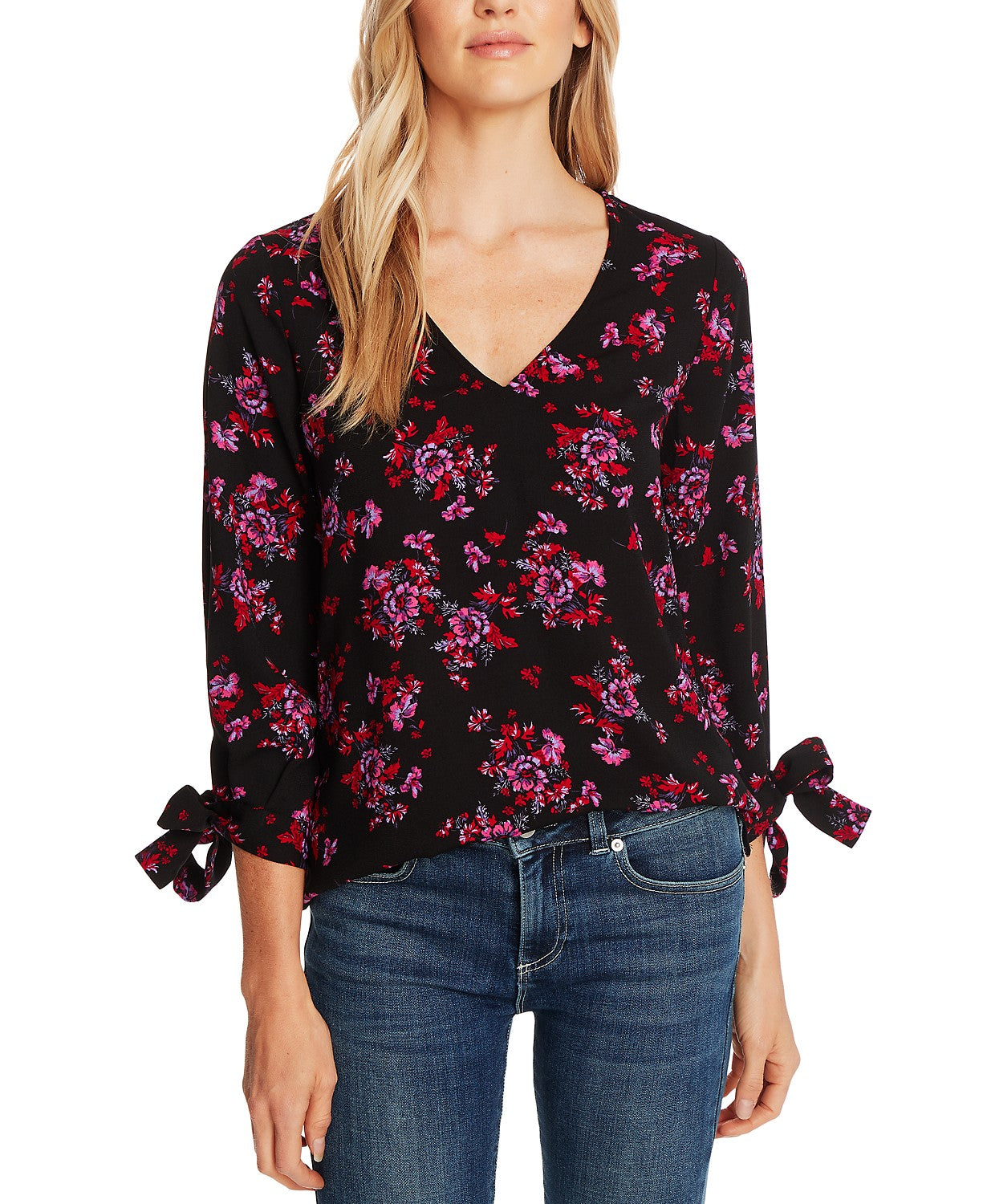 Cece Women's Romantic Mystic Floral Tie Sleeve Top  Black Size Small