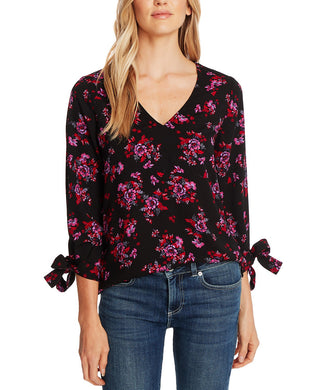 Cece Women's Romantic Mystic Floral Tie Sleeve Top  Black Size Small