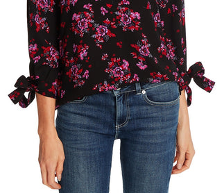 Cece Women's Romantic Mystic Floral Tie Sleeve Top  Black Size Small