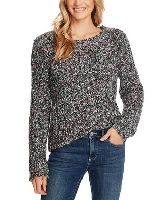 CeCe Women's Long Sleeve Multicolor Crew Neck Sweater Rich Black Grey Size Large