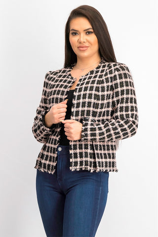 Cece Women's Grid Tweed Frayed Jacket Black Size 12