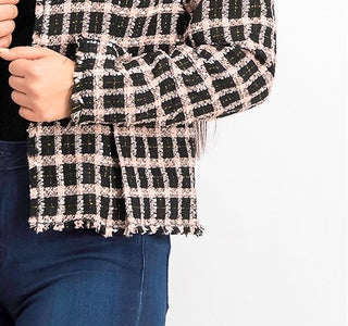 Cece Women's Grid Tweed Frayed Jacket Black Size 12