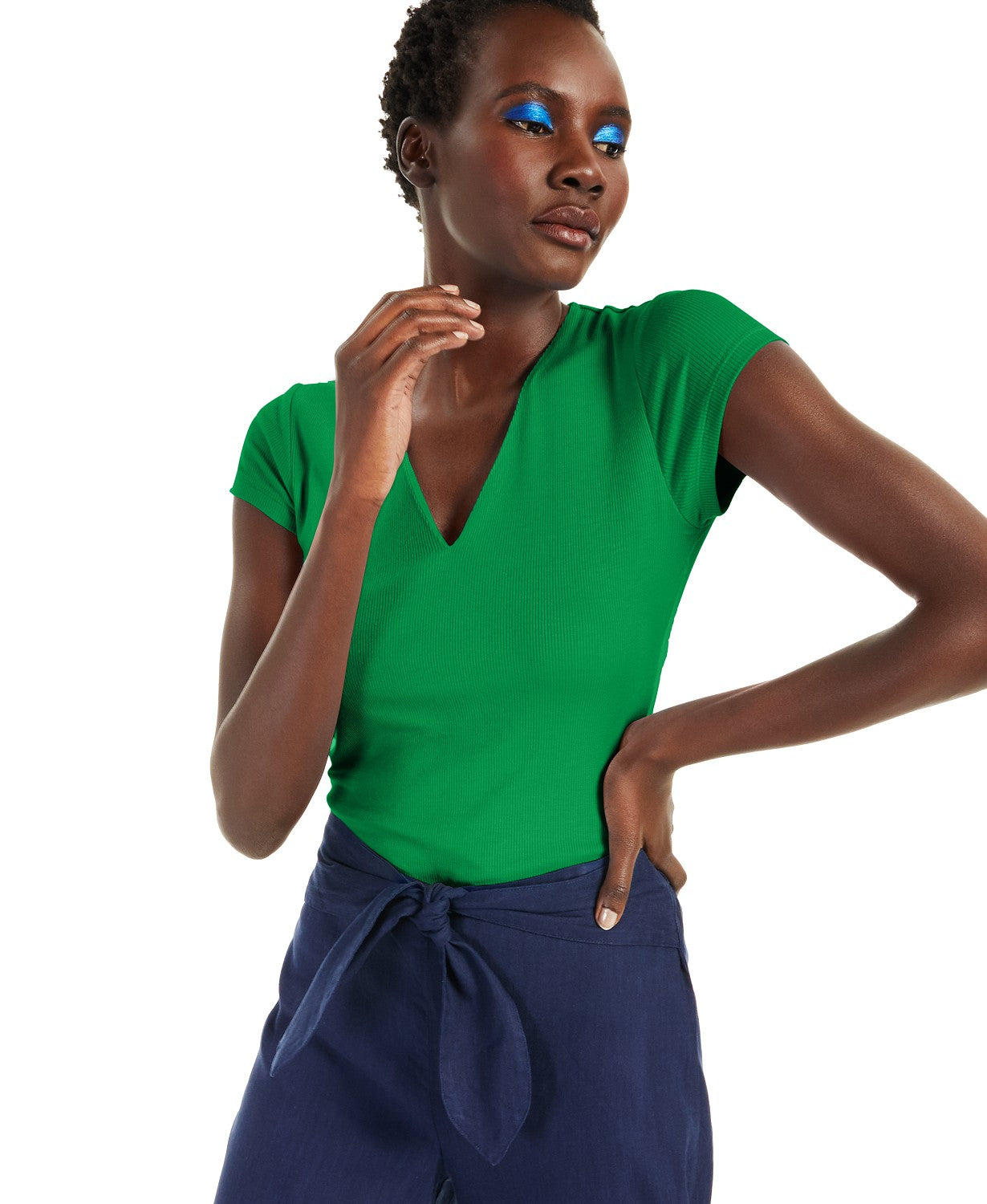 INC International Concepts Women's Ribbed V-Neck Top Green Size Medium