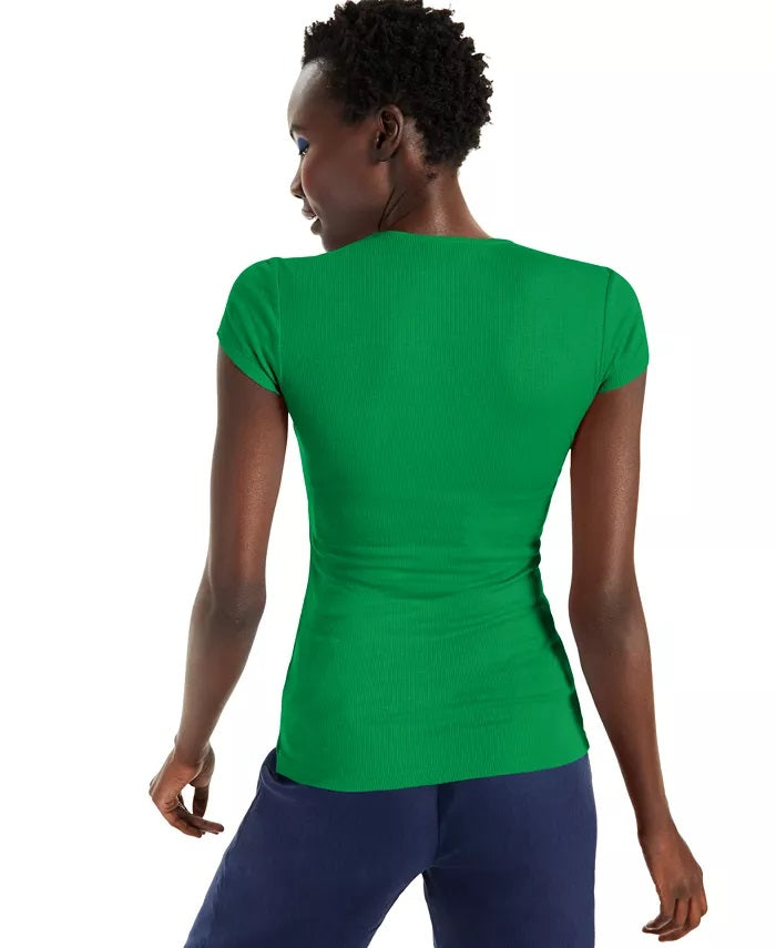INC International Concepts Women's Ribbed V-Neck Top Green Size Medium