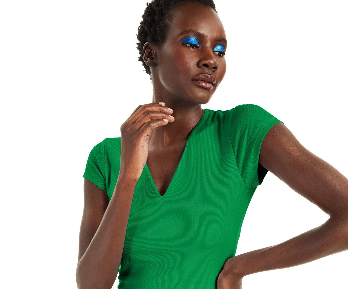 INC International Concepts Women's Ribbed V-Neck Top Green Size Medium