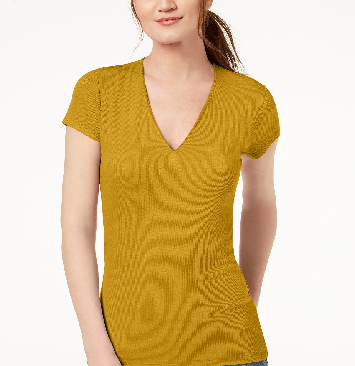 INC International Concepts Women's Short Sleeve Ribbed V-Neck Top Gold Size Small