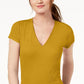 INC International Concepts Women's Short Sleeve Ribbed V-Neck Top Gold Size Small