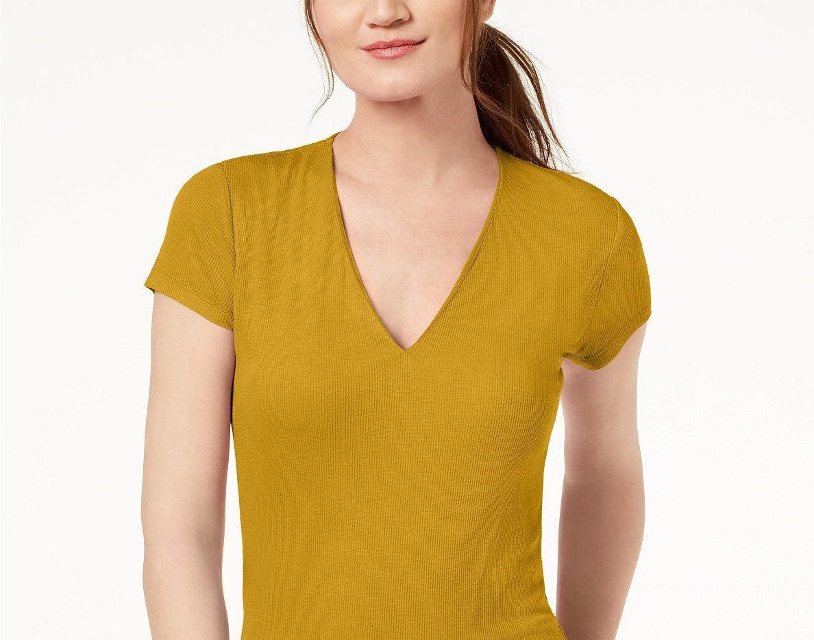 INC International Concepts Women's Short Sleeve Ribbed V-Neck Top Gold Size Small