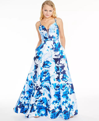 Sequin Hearts Juniors' Floral-Print Double-Strap Gown Blue Size 13