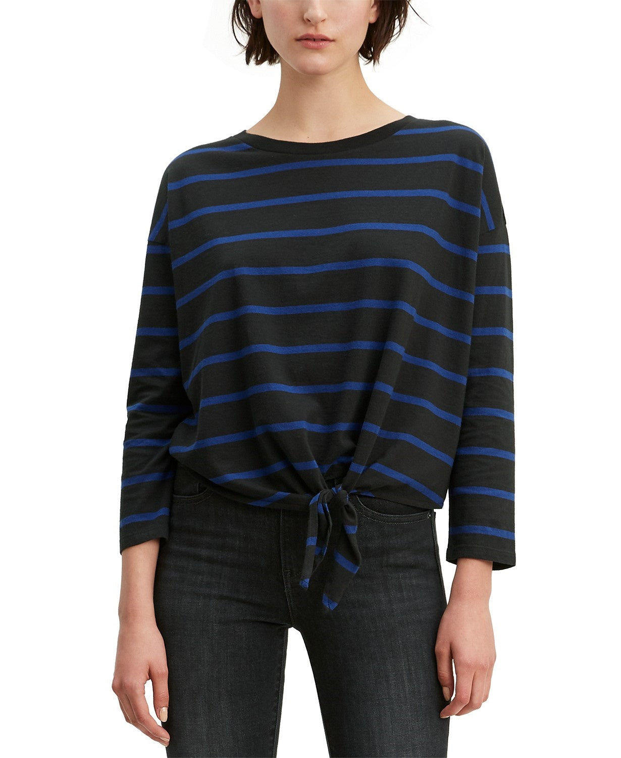 Levi's Women's Greta Striped Tie-Hem Cotton Top Black Size Large