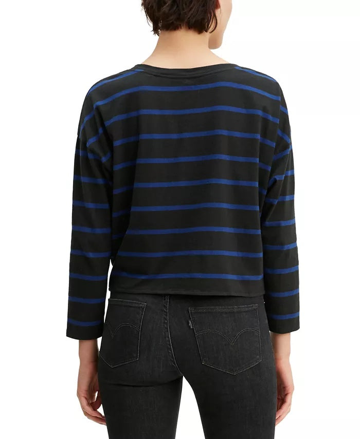 Levi's Women's Greta Striped Tie-Hem Cotton Top Black Size Large