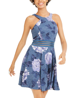 City Studios Juniors' Glitter Floral-Print Skater Dress Blue Size 1